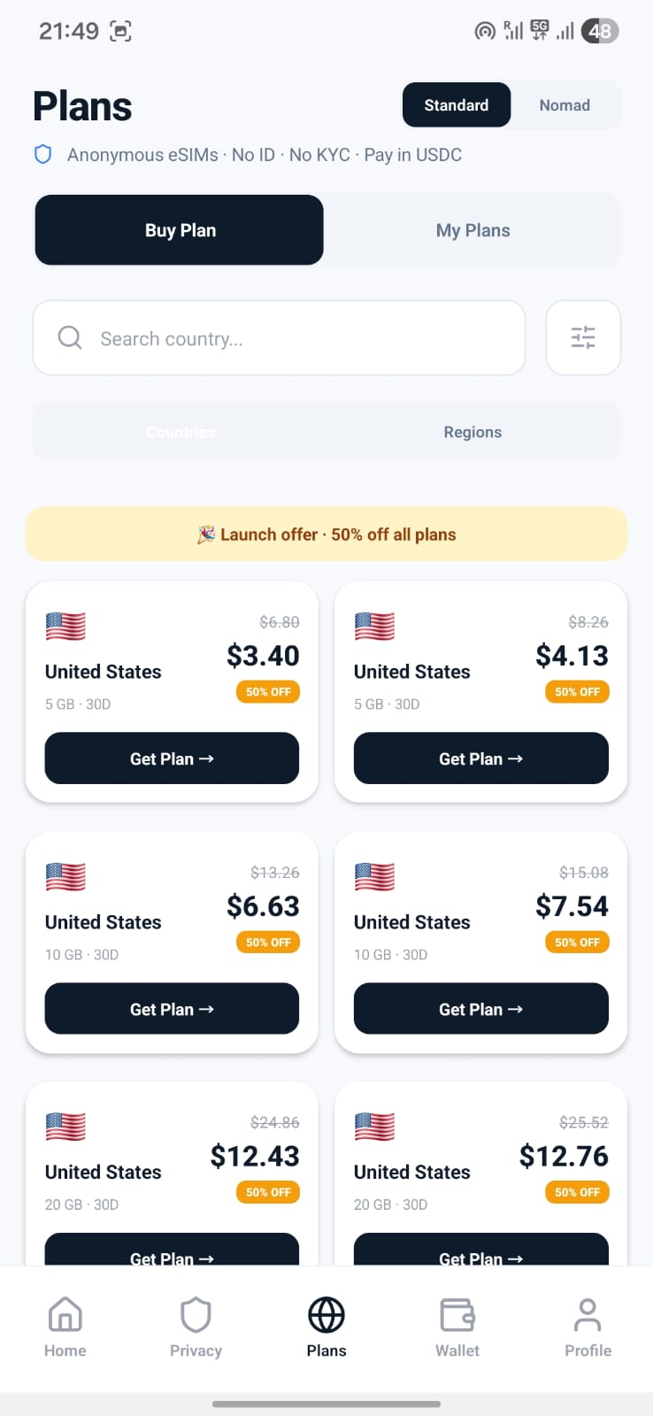 Plans screen